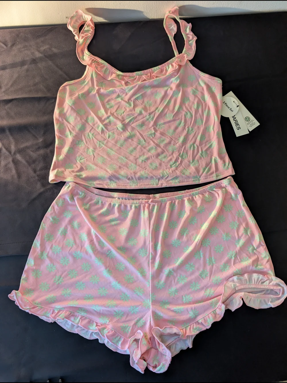 NWT No Boundaries Pink & Mint Floral Ruffle-Trim Tank and Shorts Pajama Set